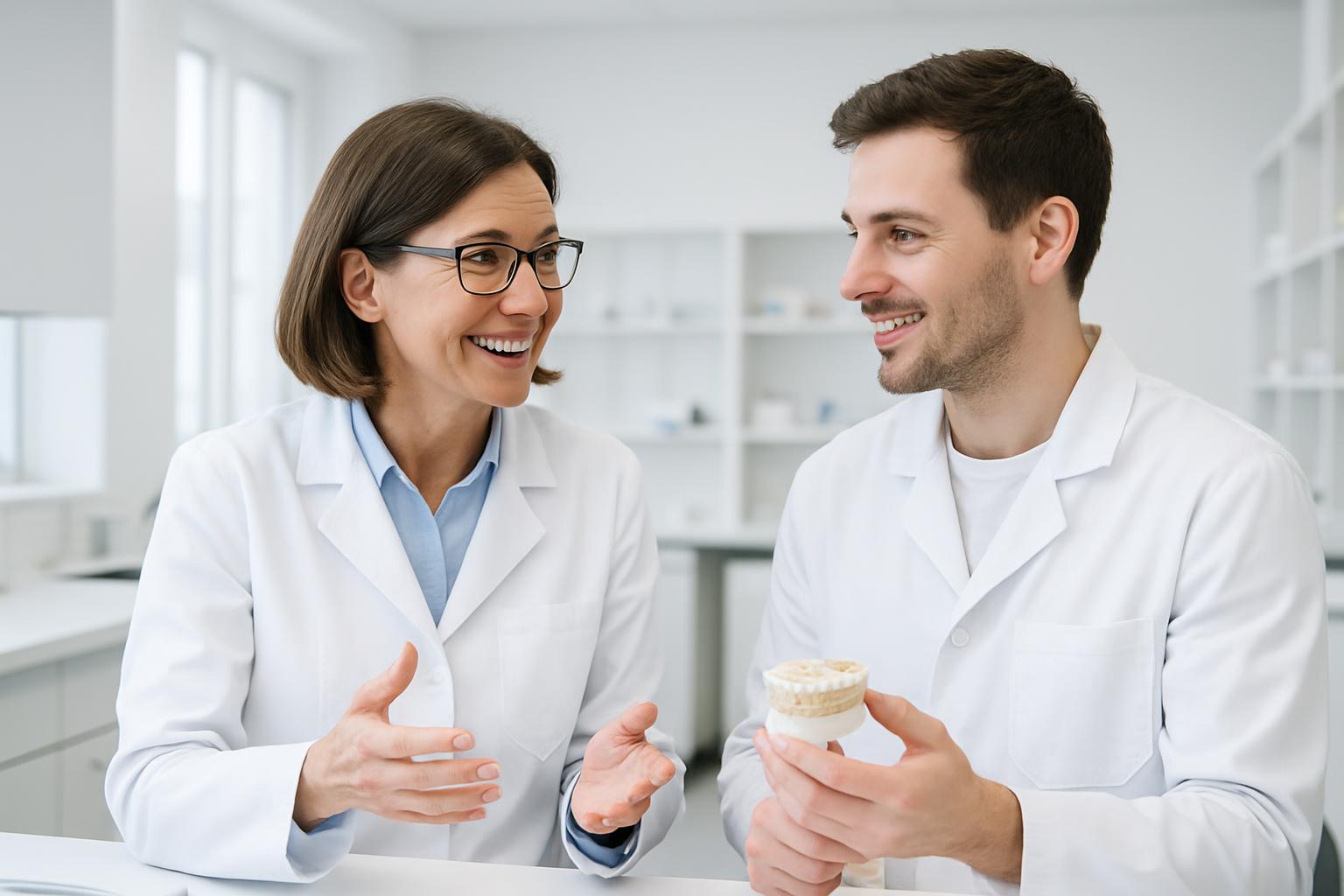 Dentista e técnico conversando sobre prótese